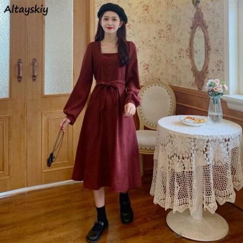Dress Womens Solid High Waist Burgundy Square Collar Sashes Lantern Sleeve Chic A-Line Dresses Korean Style Femme New Fashion