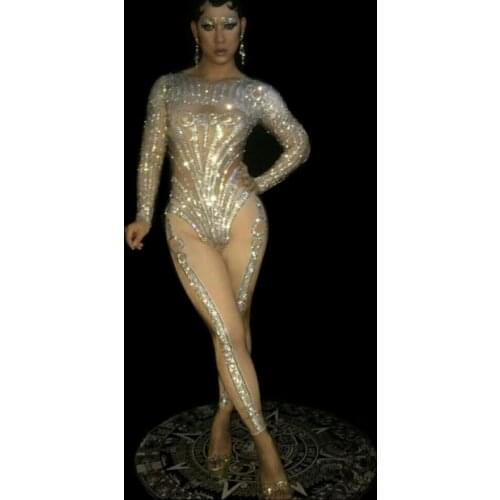 Fashion Women Long Sleeves Rhinestone Skinny Catsuits Sexy Female Slim Rompers and Fur Shawl Womens Nightclub Style Dance Wear