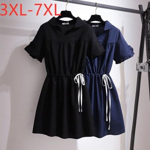 New Ladies Summer Plus Size Mini Dress For Women Large Short Sleeve Loose Cotton Belt Black Pleated Dress 3XL 4XL 5XL 6XL 7XL