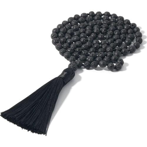 Health Friendly Mala Necklace 108 6mm Black Lava Stone Japamala Beaded Knotted Meditation Yoga Jewelry with Tassel Pendant