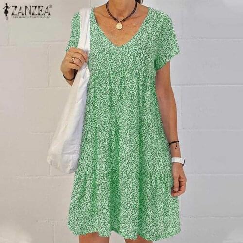 ZANZEA Women Summer Floral Printed Dress Vintage Short Sleeve Ruffles Beach Sundress Femme Bohemian Holiday Vestidos