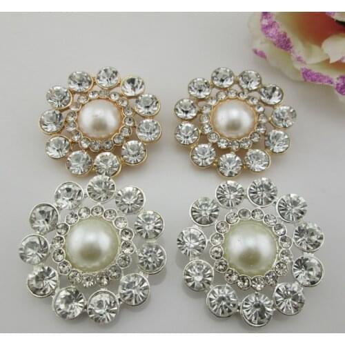 BT261 40mm)5pcs large metal ivory pearl shank rhinestone buttons
