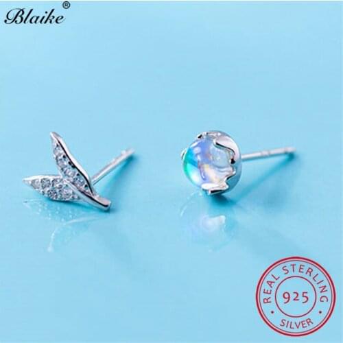 S925 Sterling Silver Mermaid Tail Earrings For Women Clear Glass Moonstone Earrings Small Crystal Fishtail Stud Earrings Jewelry