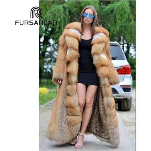 FURSARCAR Natural Real Gold Fox Fur Coat For Women 120 CM Long Female Jacket Fox Fur Coat Thick Warm Genuine Fur Jacket