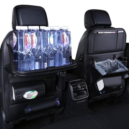 Pu Leather Car Back seat Storage Organizer bag Foldable Dining Table Tray Travel Auto Seat Hanging Organizer Bag With Trash bags