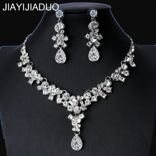 Jiayijiaduo Silver Color Rhinestone Bridal Jewelry Sets Classic Teardrop Crystal Wedding Necklace Sets European Party Jewelry