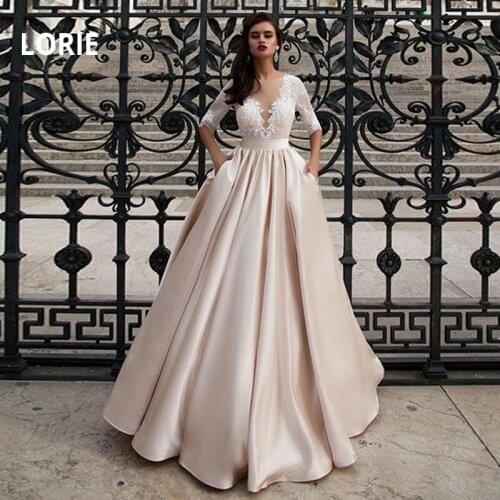 LORIE Half Sleeves Champagne Wedding Dresses With Pocket Elegant Satin Lace Ball Gown Bridal Gowns Back illusion Bride Dress