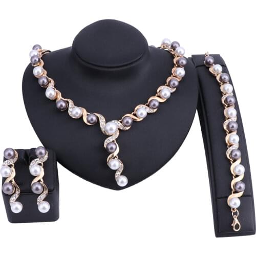 Bridal Gift Nigerian Wedding Simulated Pearl Jewelry Set Brand Woman Fashion Dubai Gold Color Crystal Jewelry Set