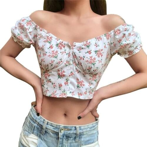 Women Floral Crop Top Puff Sleeve Summer T-Shirts Off Shoulder Casual Top V Neck Short Sleeve Tops Slash Neck Tees Mujer