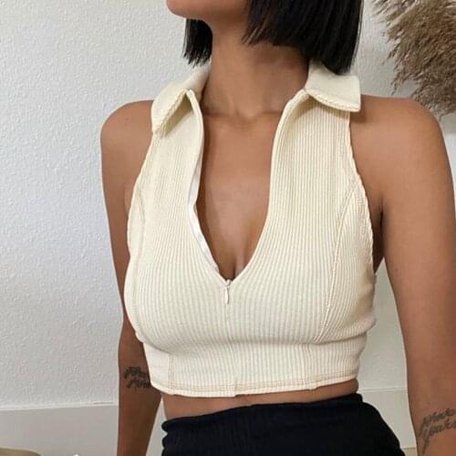 Turn-down Collar Front Zipper Tank Tops Women Sleeveless Slim Elastic Crop Top Knitted Cotton Lady Summer Casual Tops