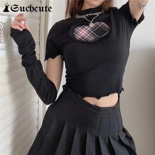 SUCHCUTE Plaid Heart Print Cropped Tshirt For Women y2k Aesthetic Frill Skinny Tee With Gloves Gothic Vintage Female Cothes