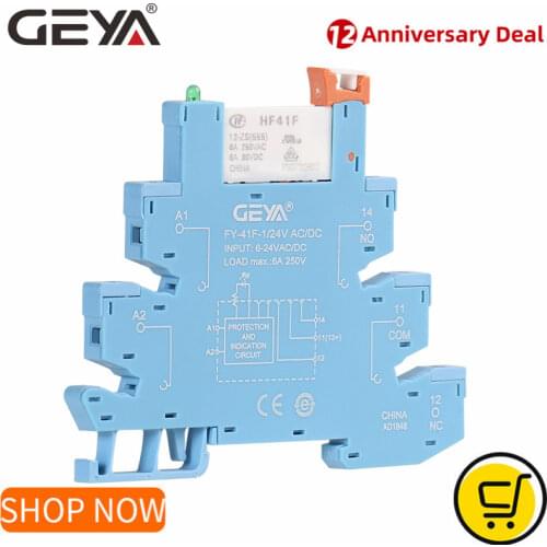 GEYA FY-41F-1 Din Rail Slim Relay Module Protection Circuit 6A Relay 12VDC/AC or 24VDC/AC Relay Socket 6.2mm thickness