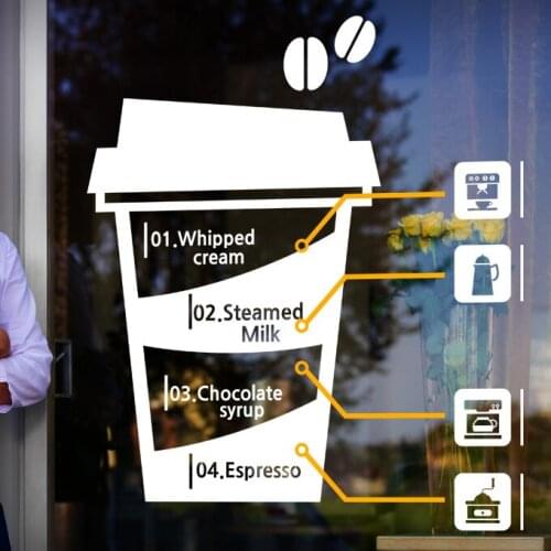 Coffee Shop Vinyl Decal Creative Coffee Cup Coffee Bean Machine Mural Art Wall Sticker Cafe Bar Window Glass Home Decoration