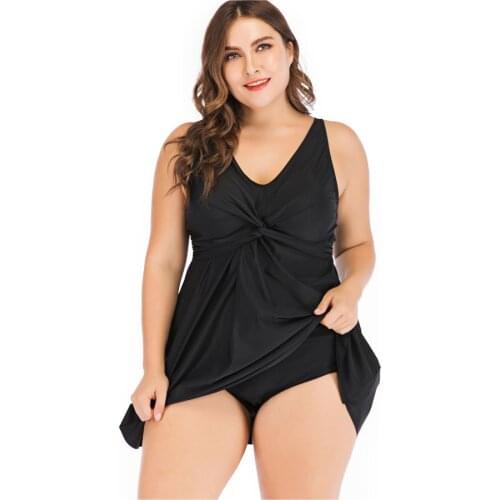 Vintage Womens Swim-dress Two Pieces Swimsuits Plus Size Tankini Set Female High Waist Bathing Suit Swimwear Beachwear Black 5XL