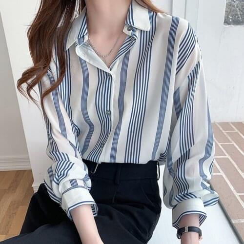 Striped Shirt Women Tops 2021 Fall Long Sleeve Office Loose Turn-down Collar Woman Clothes Casual Chiffon Blouse Chemisier Femme