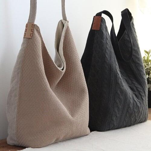 Woman Bag Women Handbag Knitted Patchwork with Linen Women Casual High Quality Color Matching Weaving Slouch Bag Female Vintage