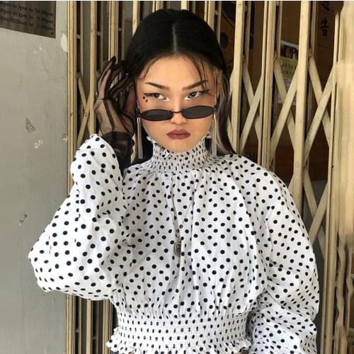 Polka Dot Turtleneck Puff Long Sleeve Women Shirts Ruched Crop Elegant Autumn Winter Clothes Office Female Casual Shirt Party