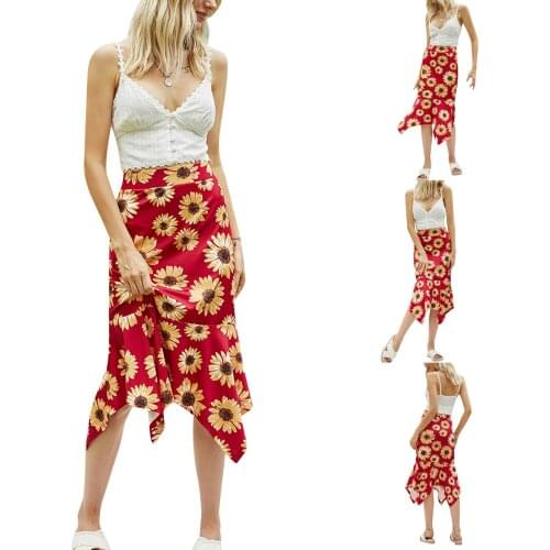 Women Skirt with Sunflower Print, Ruffle Hem High Waist Design Droopy Summer Clothing