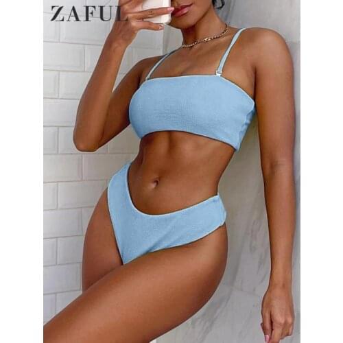 ZAFUL Textured Padded Bandeau Bikini Set Bathing Suit High Cut Female Swimsuit Wire Free Bikini with Removable Shoulder Straps