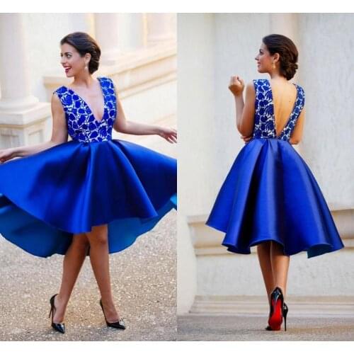 Royal Blue Satin High Low Homecoming Dresses Deep V Neck Sexy Cocktail Party Dress Lace Backless Short Prom Gowns