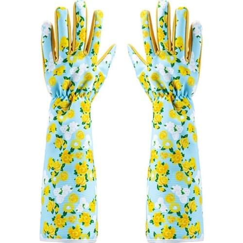 1 Piar Gardening Gloves Flower Type Coated Palm Green Floral Pattern Calico Protect Hands Ladies 45x15x1cm Silicone Long Cuff