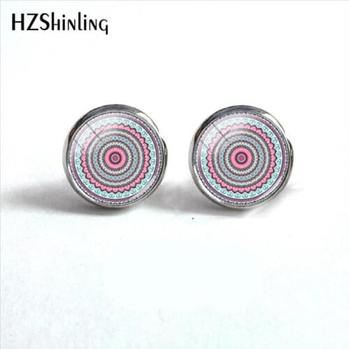 2018 New Colorful Mandala Round Earring Art Paintings Earrings Handmade Jewelry Glass Cabochon Ear Studs Stainless Steel