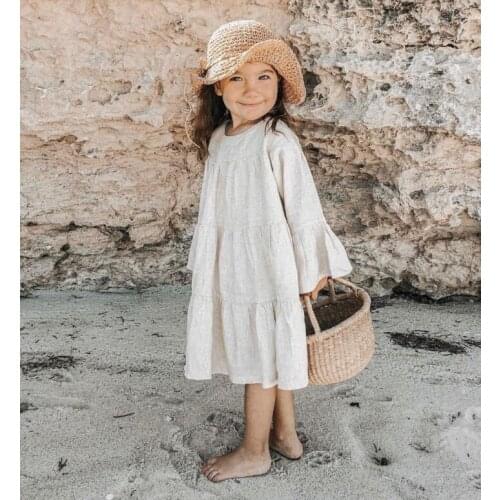 2020 Spring Summer Solid Cotton Linen Girls Dress Flare Sleeve Natural Baby Girls Princess Dresses Trendy Dress Long Dresses
