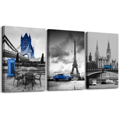 3 Board London Blue Bus Canvas Wall Art Paris Eiffel Tower City Landscape Picture
