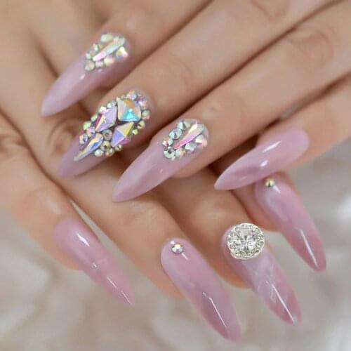 3D Luxery Colorful Gems Extra Long Stiletto False Nails Tips Pointed Sharp Stilettos Fake Nail Marble Pink UV Gel Press on Nails