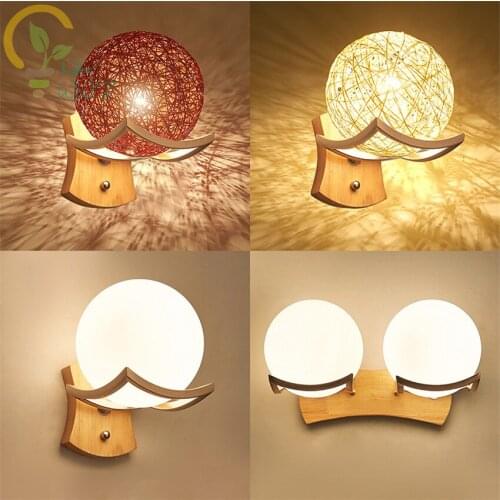 Modern Simple Glass/Rattan Lampshade Wall lamps Bedside Living Room Aisle Creative LED Solid Wood Wall Lights