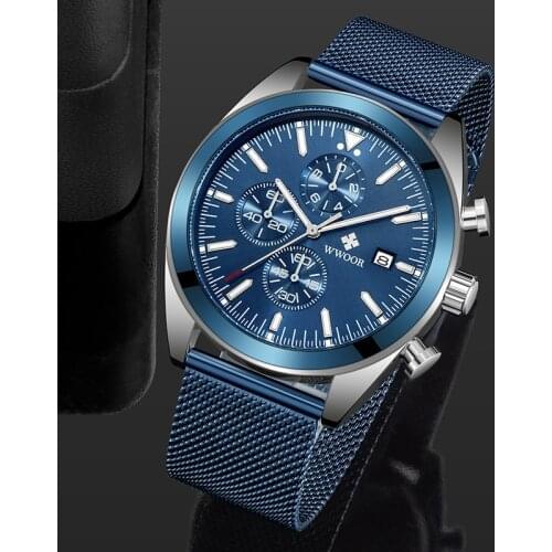 WWOOR 2021 New Fashion Blue Mens Watches Top Brand Luxury Quartz Chronograph Clock Men Waterproof Sports Watch Relogio Masculino