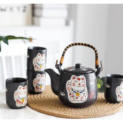 Japanese style tea set lovely lucky cat ceramic teapot tea cup pot solid wood tray strainer household teaware