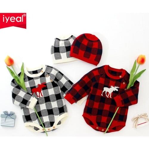 IYEAL Newborn Christmas Overalls Baby Knitting Bodysuits With Hat Baby Girls Boys Clothes Toddler Infant Long Sleeve Jumpsuits