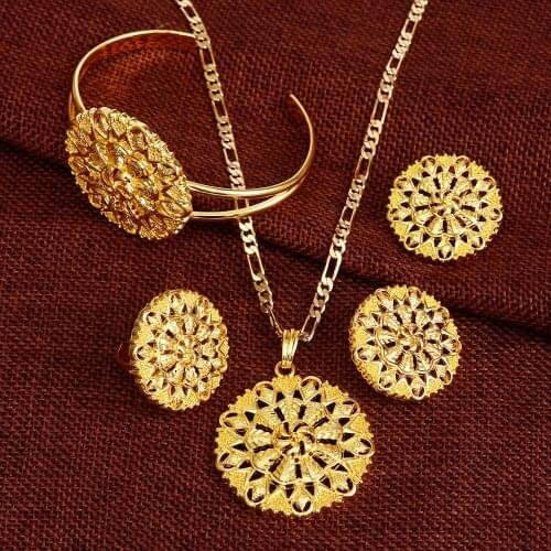 Ethiopian Jewelry set Pancake Pendant Chain Earring Ring Bangle Big Flower Jewellery Eritrea Habesha Wedding African