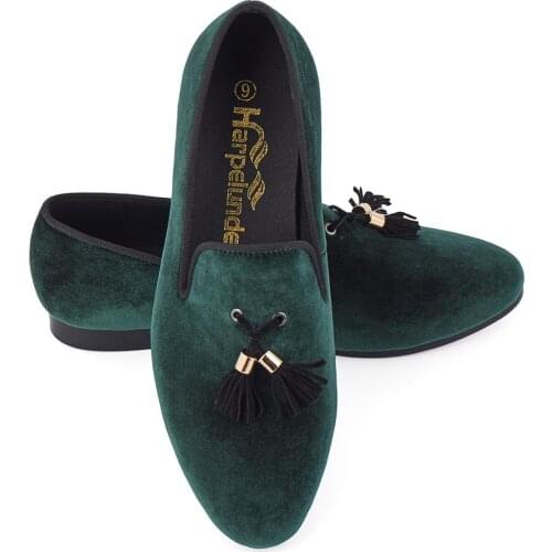 Harpelunde Mens Wedding Shoes Green Velvet Loafers Tassels Flats Size 6-14