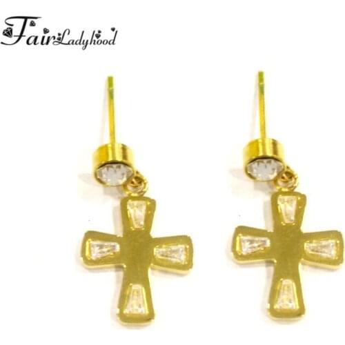 FairLadyHood CZ Stone Classic Simple Cross Stud Earrings for Women Gold color Elegant Female Earings Jewelry