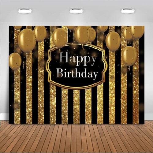 Neoback Happy Birthday Theme Party Decoration Banner Black and Gold Stripe Backdrop for Photography Golden Balloons Children