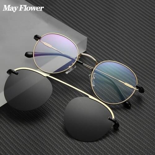May Flower Roud Metal Retro Clip On Sunglasses Polarized Optical Magnetic Diopter Sun Glasses Myopia Eyewear For Men&Women UV400