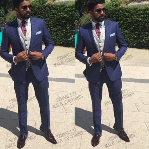 2021 Navy Blue Jacket Pant Plaid Vest Men Suits Costume Homme Wedding Slim Fit Prom Tuxedo Terno Masculino Formal Groom Wear