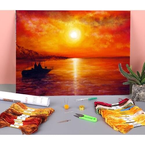 Natural Scenery Fishing Trip Printed Canvas 11CT Cross Stitch Embroidery Complete Kit DMC Threads Sewing Needlework Adults