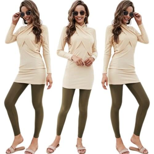 2021 New Muslim Swimwear Women Modest Patchwork Long Sleeves Sport Swimsuit 2pcs Islamic Burkinis Wear Bathing Suit Full Cover