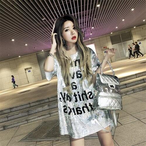 New vintage Sequined mid-length Loose Short-sleeved T-shirt Female 2020 Summer t shirts for Women Korean Nightclub Tops m463