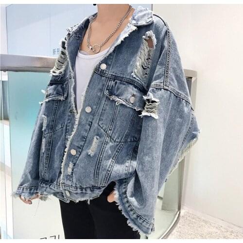 Wholesale 2020 teenagers Ripped hole denim jacket mens spring autumn student Harajuku bf wind loose teenagers jacket tops
