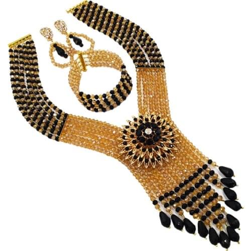 Swell black and champagne gold ab crystal bead costume necklace african set nigerian beads jewelry sets 6SDLS-02