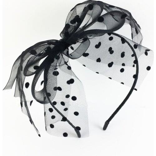 2021 New Girls Bows Headbands Lovely Fairy Temperament Black Lace Mesh Polka Dots Bowknot Hair Band for Children and Adults