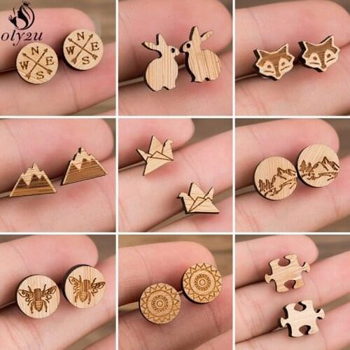 Bohemia Multiple Wooden Ear Studs Earrings for Women Cute Mountain Compass Fox Puzzle Flower Earings Piercing Jewelry pendientes
