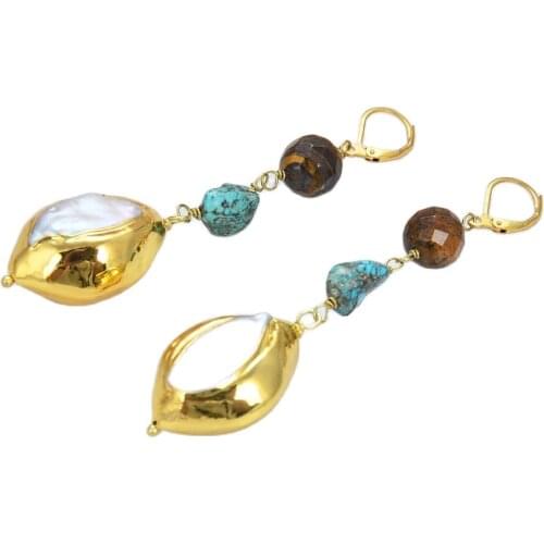 JK Natural White Keshi Pearl Gold Color Yellow Tiger Eye Turquoises Dangle Leverback Earrings Office Style For Women