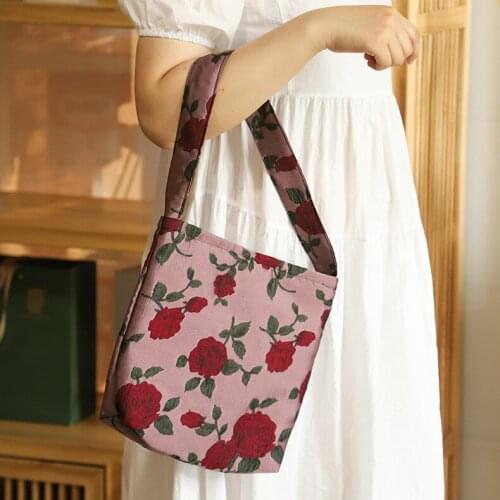 Women Fashion Canvas Shoulder Bags Adults Rose Pattern Zipper Handbags with Wide Strap
