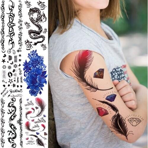 Feather Diamond Temporary Tattoos For Women Men Kids Dragon Lily Peony Flower Fake Tattoo Sticker Party Transfer Tatoos finger