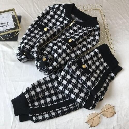 Knitted Tracksuit Houndstooth 2 Piece Set 2020 Autumn Womens Zipper Cardigan Coats + Plaid Pants Two Piece Set Sweatshirts Suit